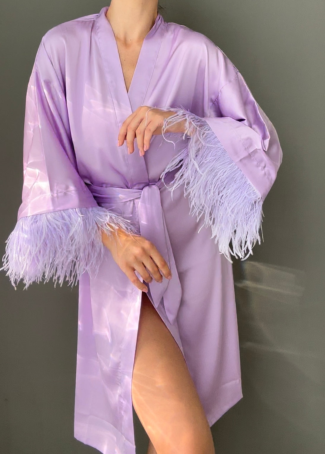 Midi Kimono Robe with Removable Feather, Lavender 