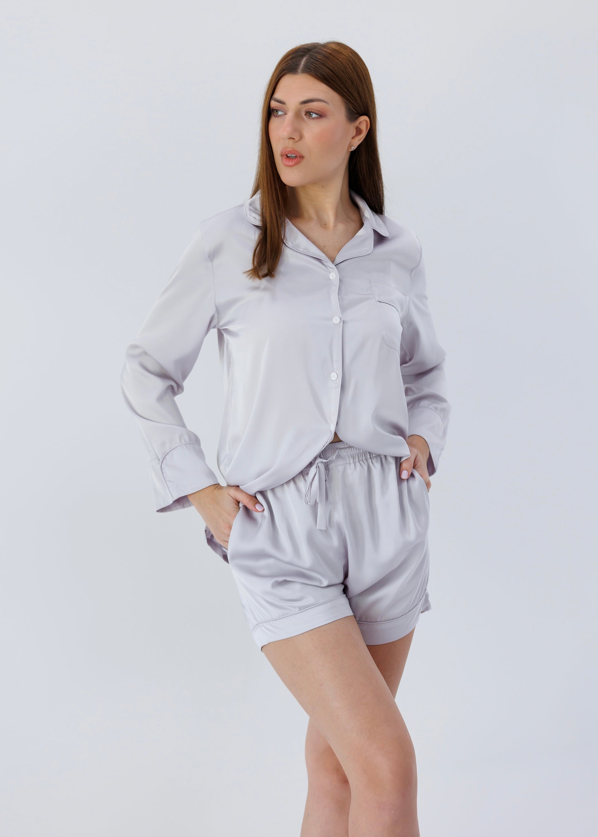 3 pc Pajama Set with Pants and Shorts, Lavender Gray 