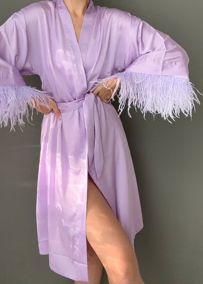 Midi Kimono Robe with Removable Feather, Lavender 