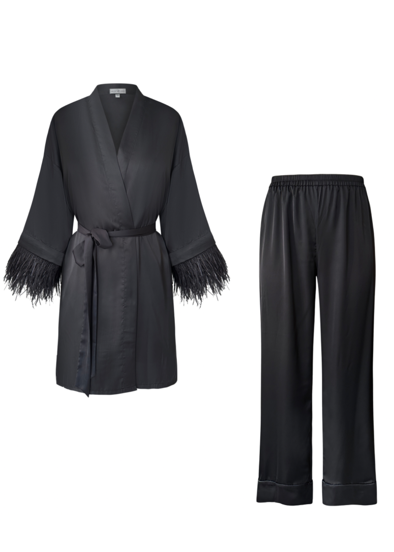 Kimono Set with Detachable Feathers & Pants, Black 