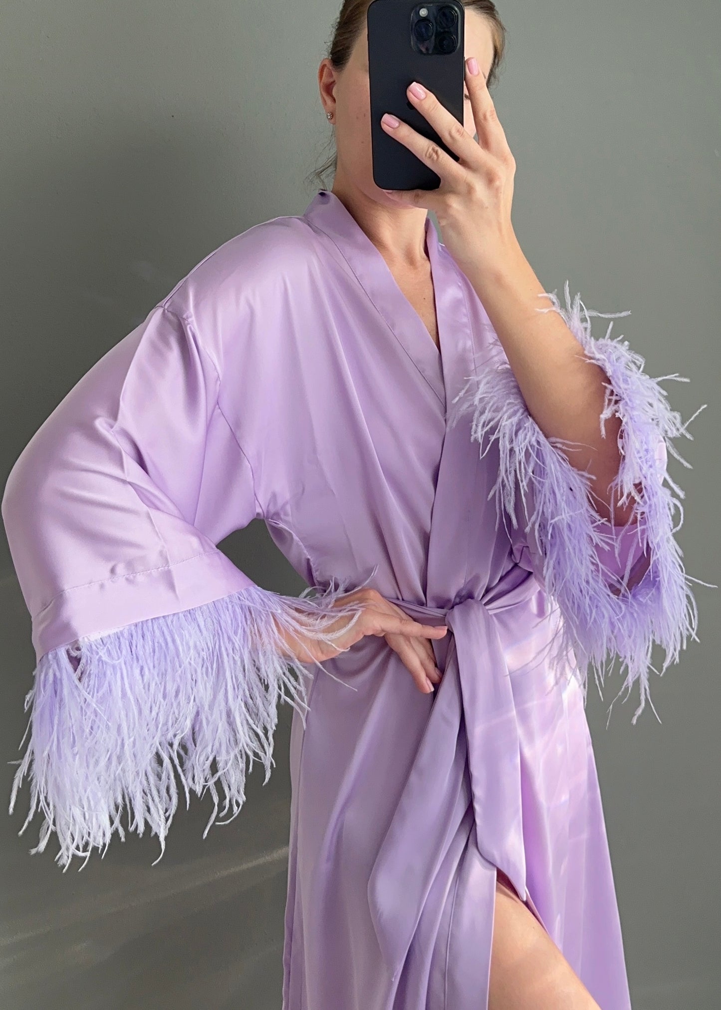 Midi Kimono Robe with Removable Feather, Lavender 