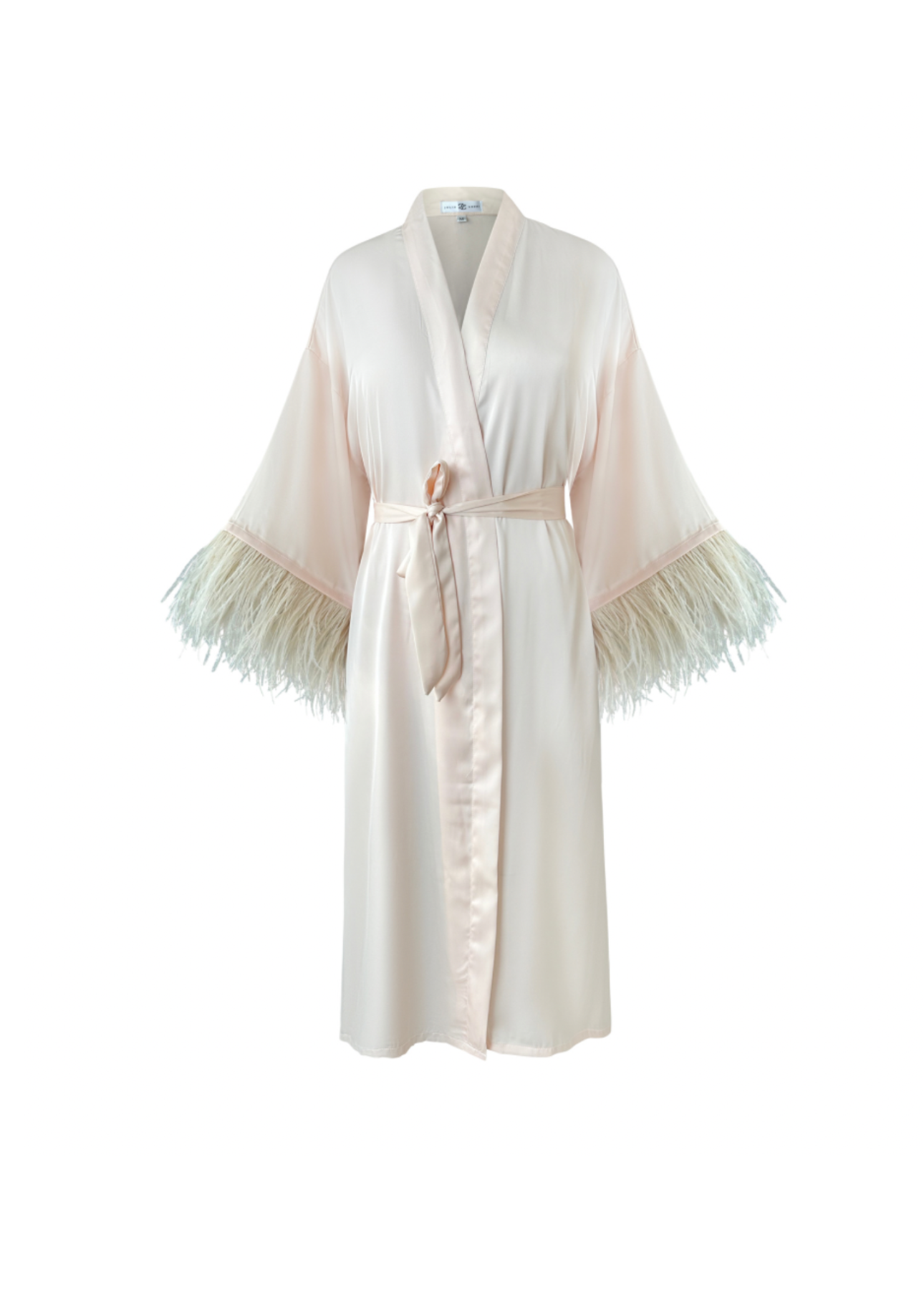 Midi Kimono with Detachable Feather Cuffs, Peach Beige 