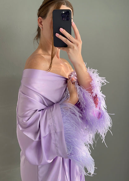 Midi Kimono Robe with Removable Feather, Lavender 