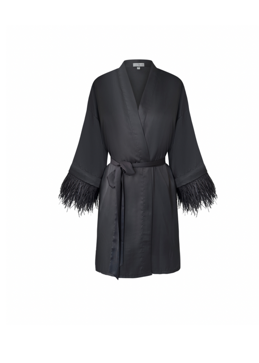 Short Kimono with Detachable Feather Cuffs, Black 