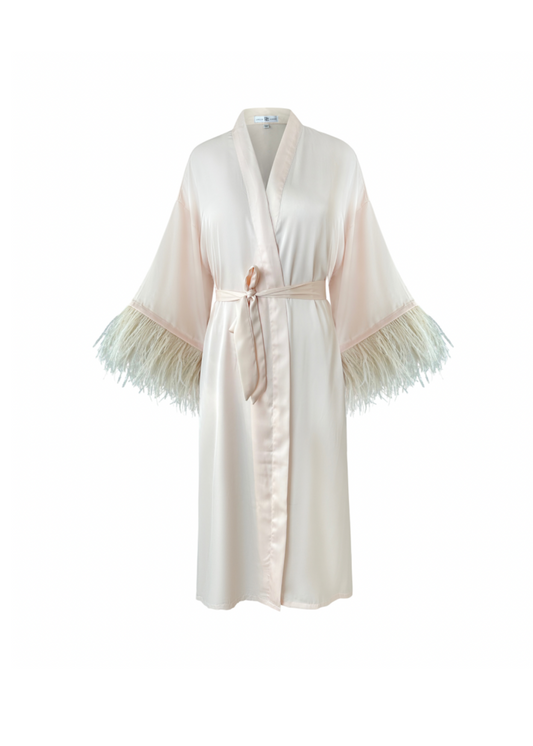 Short Kimono with Detachable Feather Cuffs, Peach Beige 