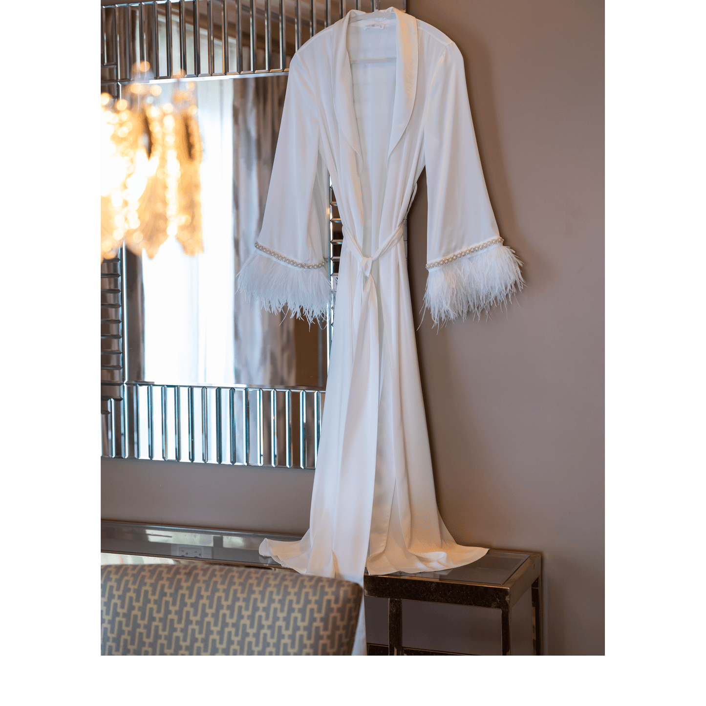 Limited Bridal Maxi Kimono with Feather & Pearl Cuffs and Pants Set, 2pc 