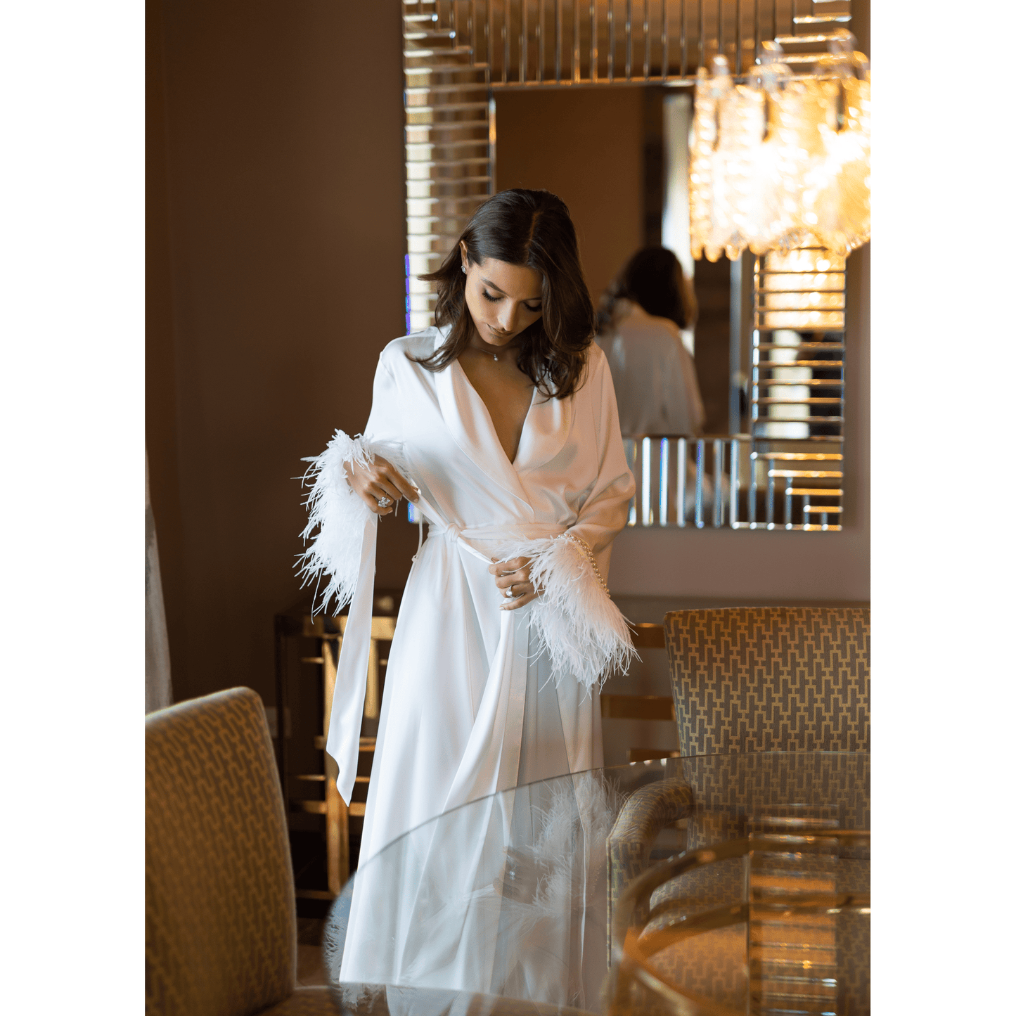 Limited Bridal Maxi Kimono with Feather & Pearl Cuffs and Pants Set, 2pc 