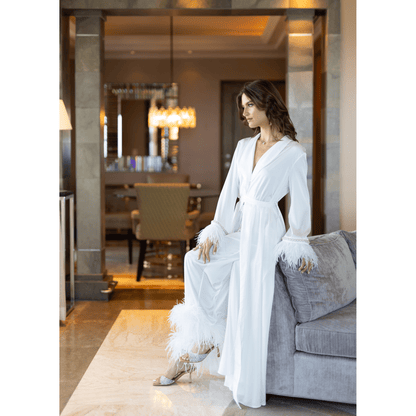 Limited Bridal Maxi Kimono with Feather & Pearl Cuffs and Pants Set, 2pc 